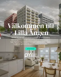 Kampanjannons: 'Välkommen till Lilla Ängen' över en visualisering av kvarteret och en ljus visningslägenhet