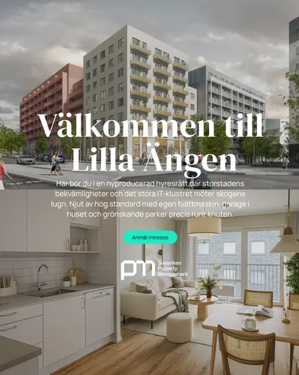 Kampanjannons: 'Välkommen till Lilla Ängen' över en visualisering av kvarteret och en ljus visningslägenhet
