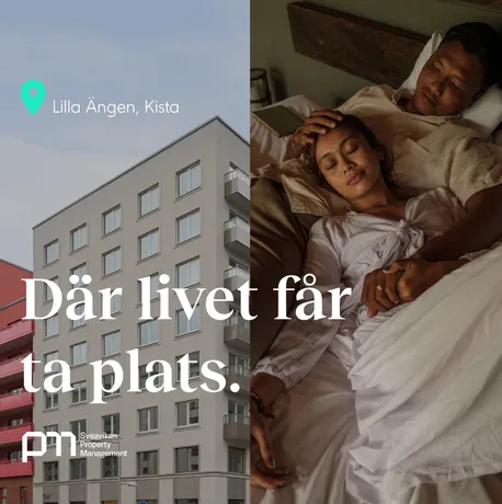Kampanjannons med rubriken 'Där livet får ta plats', en fasad i Kista Äng bredvid ett par i en säng