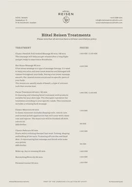 Concierge treatments menu with massage, facial and styling services on the letterhead template