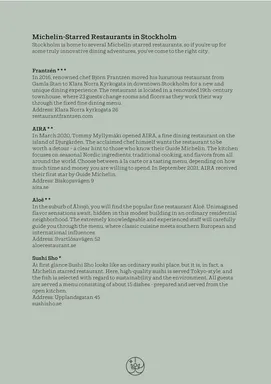 First page of the Michelin-Starred Restaurants in Stockholm guide, listing Frantzén, AIRA, Aloë and Sushi Sho on sage-green branded stationery