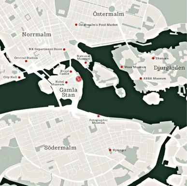 Illustrated Stockholm map in the brand's colour world, marking the hotel's spot on Skeppsbron among landmarks like Skansen and the National Museum