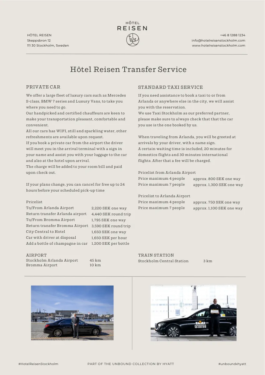 Hôtel Reisens transferservice-blad med priser för privatbil och taxi på den varmgrå brevpappersmallen